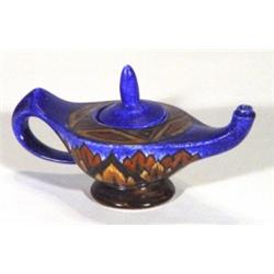 Hand painted Clews Chameleonware Aladdin's lamp and lid, decorated with a brown flame pattern onto a