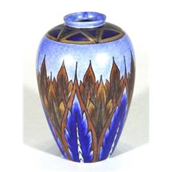 Hand painted Clews Chameleonware ovoid shape vase, decorated with brown and blue flame pattern onto