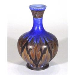 Hand painted Clews Chameleonware baluster vase, with brown flame pattern onto a mottled blue ground,