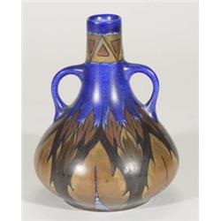Hand painted Clews Chameleonware twin handled bottle vase, decorated with a brown flame pattern onto
