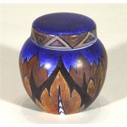 Hand painted Clews Chameleonware ginger jar and cover, decorated with a brown flame pattern onto a m