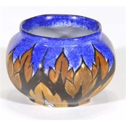 Hand painted Clews Chameleonware octagonal pot, decorated with a brown flame pattern onto a mottled