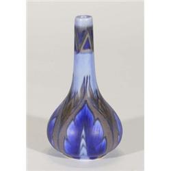 Hand painted Clews Chameleonware bottle vase, decorated with a blue and brown flame pattern onto a m