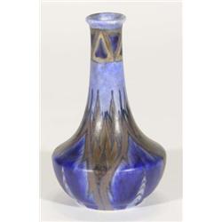 Hand painted Clews Chameleonware bottle vase, decorated with a brown and blue flame pattern onto a m