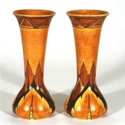 Pair of hand painted Clews Chameleonware, decorated with a brown flame pattern onto a mottled brown