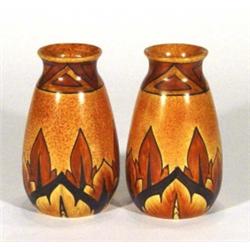 Pair of hand painted Clews Chameleonware vases, decorated with a brown flame pattern onto a mottled