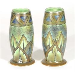 Pair of hand painted Clews Chameleonware vase, decorated with a flame pattern onto a mottled blue an