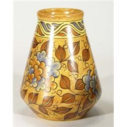 Hand painted Clews Chameleonware large vase, decorated with brown and blue flowers and leaves onto a