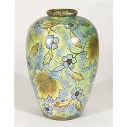 Hand painted Clews Chameleonware large vase, decorated with brown and blue flowers and leaves onto a