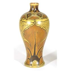 Hand painted Clews Chameleonware baluster vase, decorated with a brown peacock feather onto a mottle