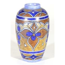 Hand painted Clews Chameleonware vase, decorated with a band of brown and blue flowers onto a mottle