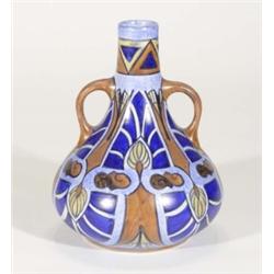 Hand painted Clews Chameleonware twin handled bottle vase, decorated with abstract blue, brown and y