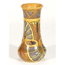 Hand painted Clews Chameleonware vase, decorated with stylised brown and blue flowers onto a mottled