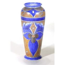 Hand painted Clews Chameleonware vase, decorated with brown and blue flowers onto a mottled brown gr