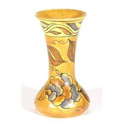 Hand painted Clews Chameleonware vase, decorated with brown and blue flowers and leaves onto a mottl