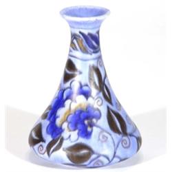 Hand painted Clews Chameleonware bottle vase, decorated with brown and blue flowers and leaves onto