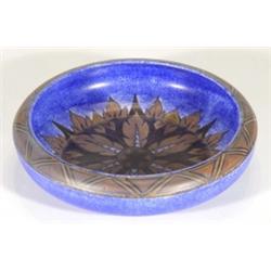 Hand painted Clews Chameleonware bowl, decorated with a brown flame pattern onto a mottled blue grou