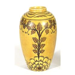 Hand painted Clews Chameleonware ovoid vase, decorated with brown and yellow leaves and flowers onto