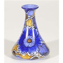 Hand painted Clews Chameleonware bottle vase, decorated with blue flowers and leaves onto a mottled
