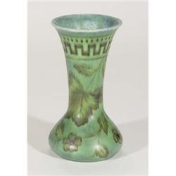 Hand painted Clews Chameleonware vase, decorated with brown leaves and flowers onto a mottled green