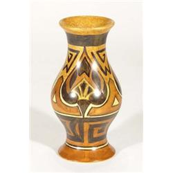 Hand painted Clews Chameleonware vase, decorated with a Greek key and brown leaf bands onto a mottle