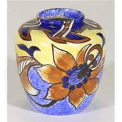 Hand painted Clews Chameleonware small vase, decorated with brown flowers and leaves onto a blue and