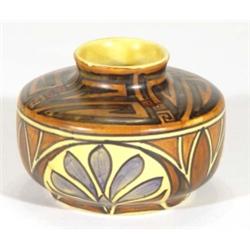 Hand painted Clews Chameleonware squat vase, decorated with blue and brown leaves onto a mottled yel