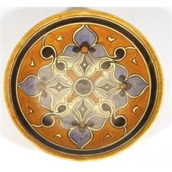 Hand painted Clews Chameleonware plate, decorated with blue flowers and brown leaves onto a mottled