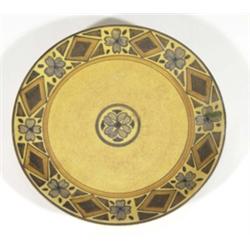 Hand painted Clews Chameleonware plate, decorated with a border of blue and brown flowers and chevro