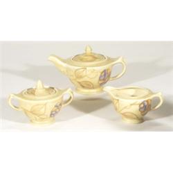 Hand painted Clews Chameleonware three piece teaset, decorated with blue and brown flowers and leave