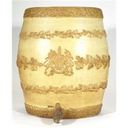 Doulton & Watts Lambeth stoneware oval barrel with a wooden tap, relief moulded with bands of leaves