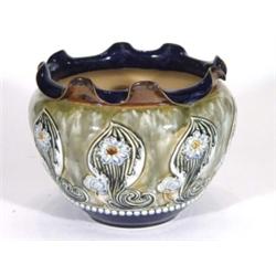 Royal Doulton stoneware jardiniere with fluted rim, relief moulded with a band of stylised flowers o