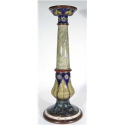 Doulton Lambeth stoneware jardiniere stand, relief moulded with flowers and leaves onto a cobalt blu