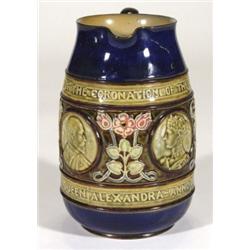 Royal Doulton stoneware jug commemorating  the Coronation of Edward VII and Queen Alexandra with por