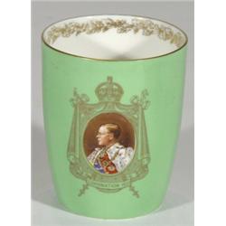 Royal Doulton 1937 Edward VIII Coronation beaker, printed with a portrait onto a green ground, marks