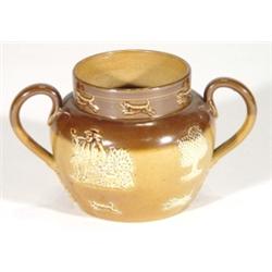 Royal Doulton Lambeth stoneware twin handled sugar bowl with applied scenes of hunting and merriment