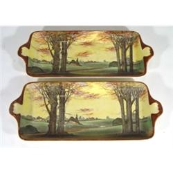 Pair of Royal Doulton Seriesware rectangular trays, hand coloured and transfer printed with cottages