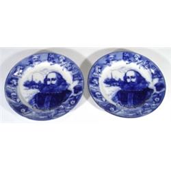 Two Royal Doulton Shakespearian blue and white transfer printed plates, marks to back, 27cm diameter