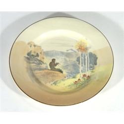 Hand coloured and transfer printed Royal Doulton Seriesware plate, depicting Pan playing pipes above