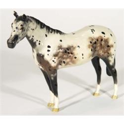 Hand painted Royal Doulton black dappled horse with brown and grey patches and tan hooves, marks to
