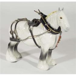 Hand painted Beswick grey dappled shire horse in full leather harness, marks to base, 22cm high