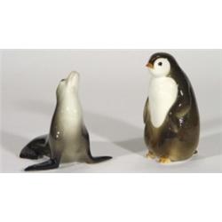 Hand painted USSR penguin and a seal, marks to bases, largest 17cm high