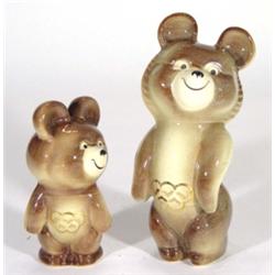 Large hand painted USSR Olympic bear and a smaller bear, largest 24cm high