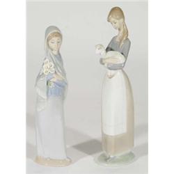 Hand painted Lladro figure of a girl clutching a lamb and one other of a girl in a shawl with flower