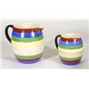 Image 1 : Two graduated George Jones pottery jugs, hand painted with coloured bands, marks to bases, largest 1