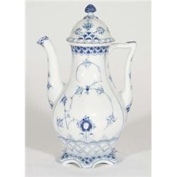 Royal Copenhagen teapot and cover with pierced lid, hand painted with blue lace pattern, marks to ba