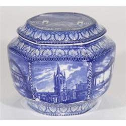 Hexagonal Maling advertising tea caddy and cover, transfer printed with blue and white Newcastle sce