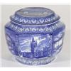Hexagonal Maling advertising tea caddy and cover, transfer printed with blue and white Newcastle sce