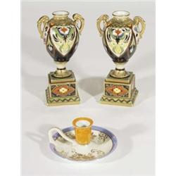 Pair of twin handled Noritake porcelain vases, hand painted and gilded with stylised flowers togethe