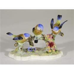 Hand painted Royal Adderley bluetit group, marks to base, 13cm high